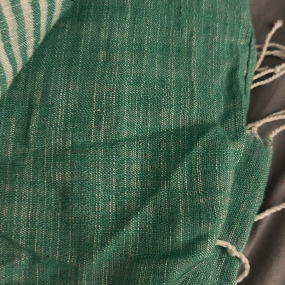 Olivia-Fallon Green and White Striped Fringed Cotton Scarf